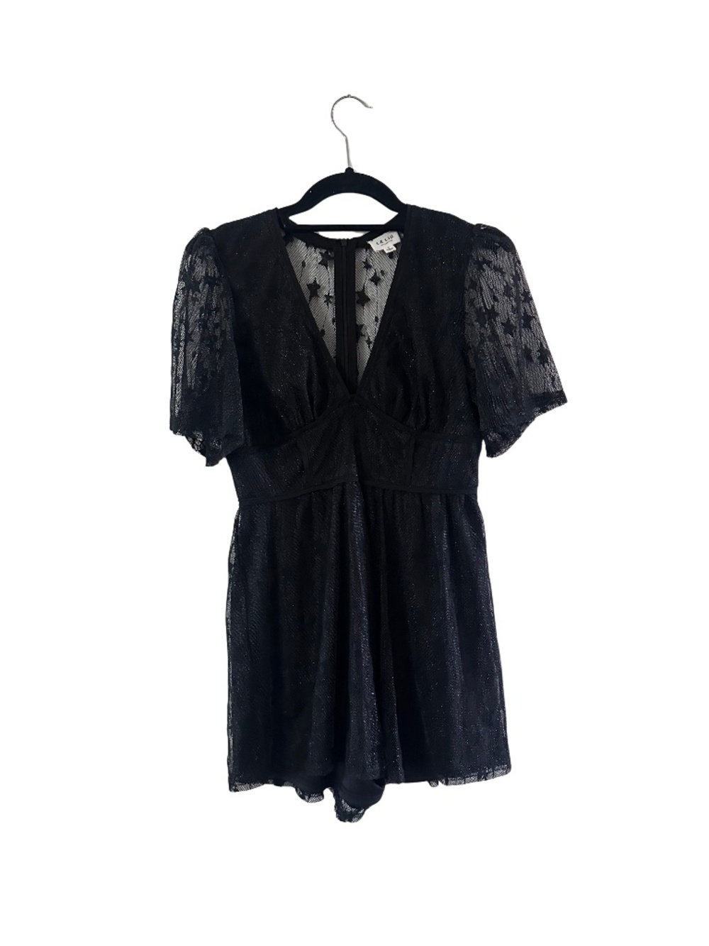 Le Lis Star Mesh Flutter-Sleeve V-Neck Romper in Black/Silver Glitter Size Small